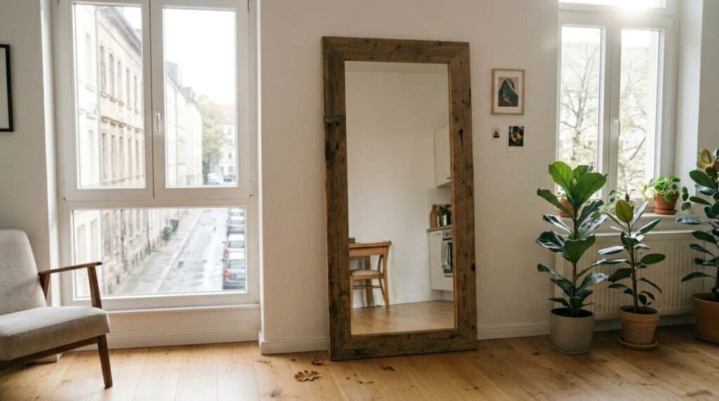 full-length reclaimed wood mirror reflecting natural light in a bright small apartment