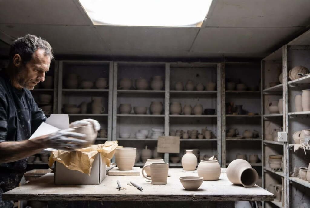 male artisan potter packing handmade ceramic eco-friendly gifts into a box in a rustic studio filled with pottery