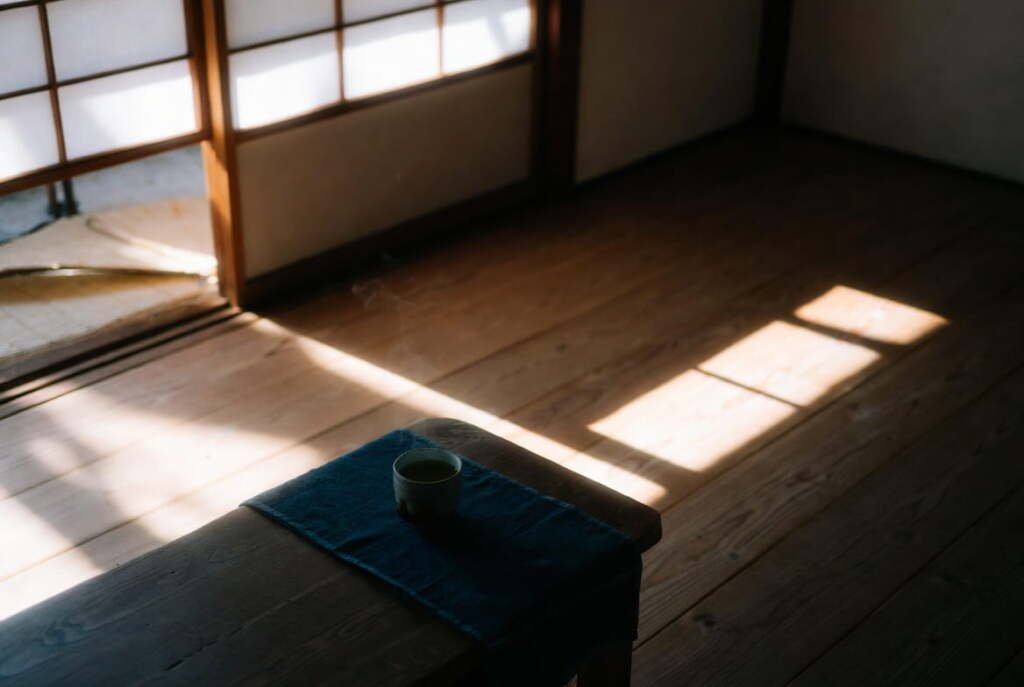 Warm shoji window light falling across a wooden floor and tea cup in a quiet Japanese minimalist home interior