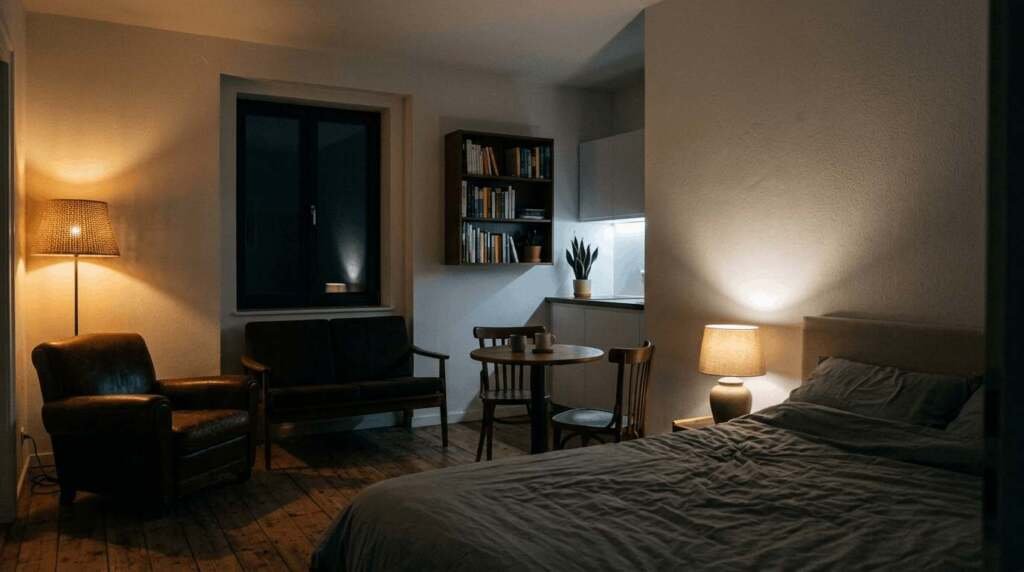 studio apartment layered lighting with floor lamp and table lamp creating cozy zones at night