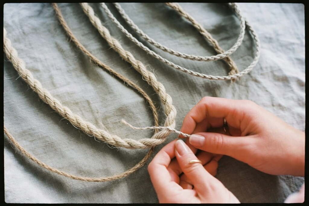 macrame-cord-types-cotton-jute-hemp-fiber-comparison Hands examining different macrame cord types including cotton, jute, and braided fiber on a linen cloth surface.