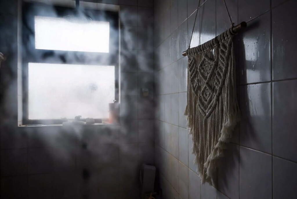 macrame-humidity-damage-bathroom-steam-moisture Macrame wall hanging on steamy bathroom tile wall showing moisture and humidity damage risk to natural fibers.