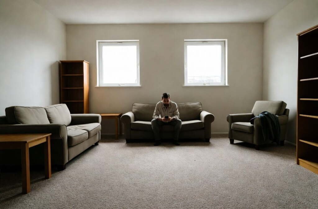 Man sitting stiffly on sofa with all furniture pushed against walls, leaving an awkward empty center floor