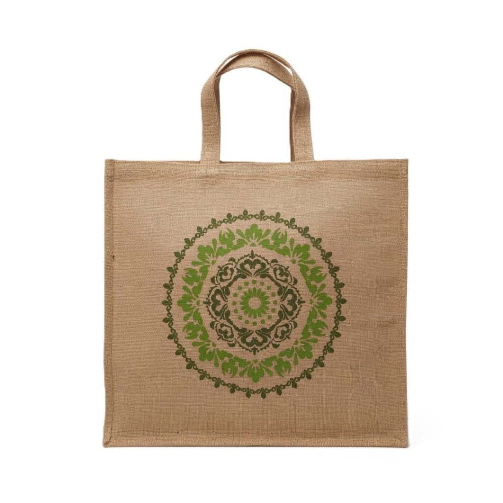 Eco-friendly burlap shopping bags bulk with green mandala print on natural jute fiber.