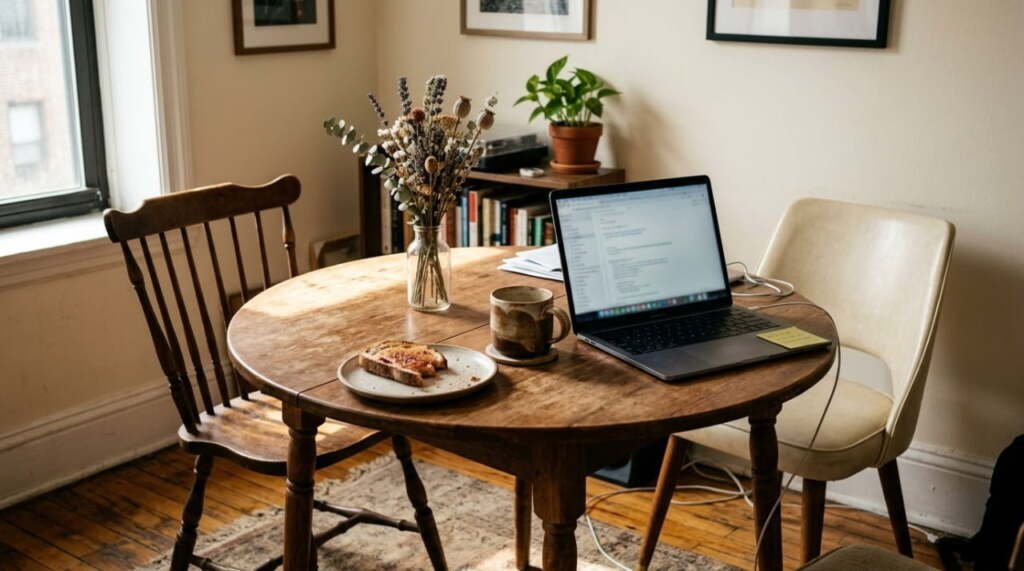 small apartment dining table doubling as a work desk with laptop and dried flowers