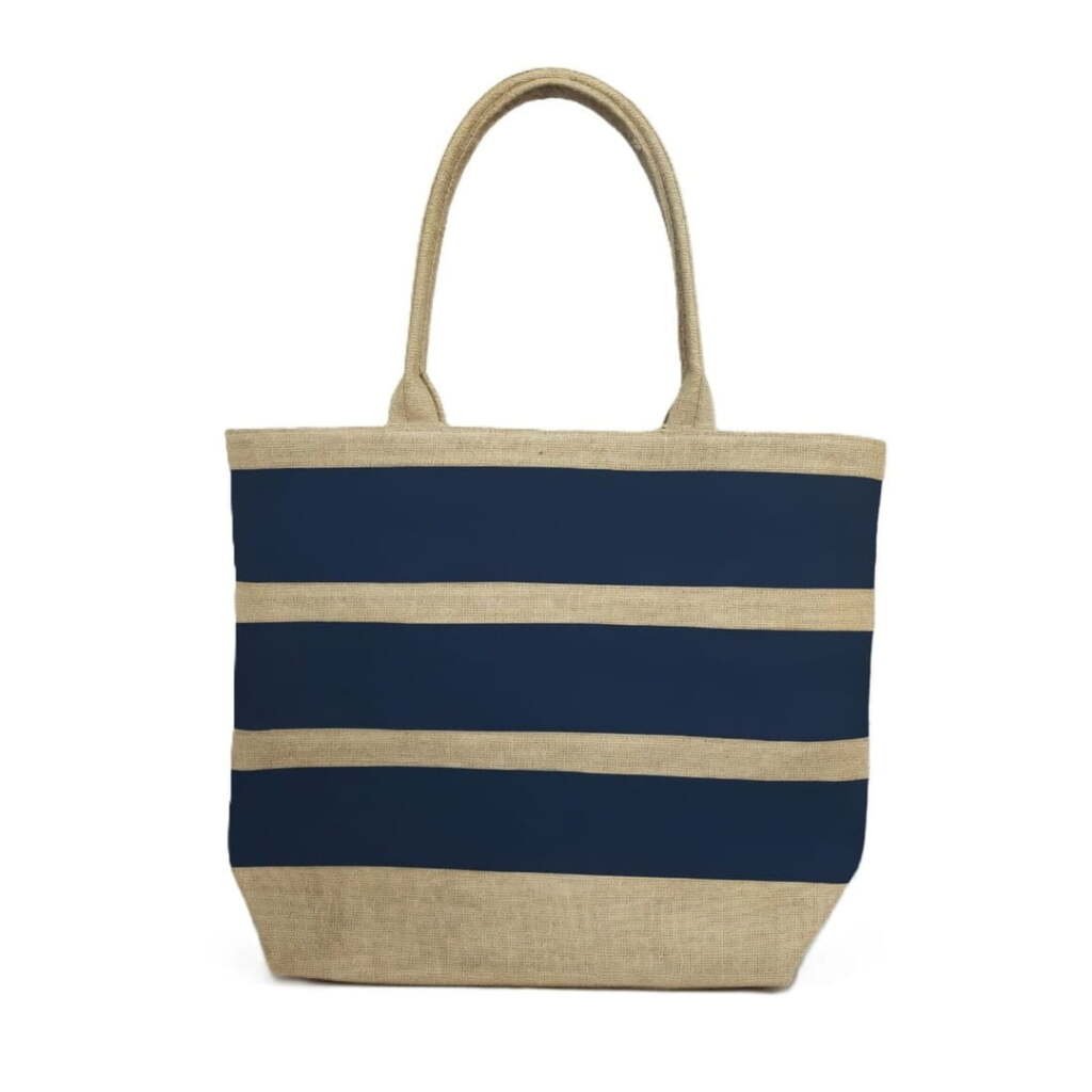 Large jute tote bag wholesale with horizontal navy blue stripes and soft padded handles.