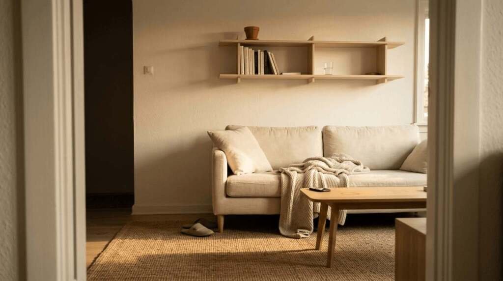 neutral color palette small apartment with cream sofa, jute rug and warm afternoon light