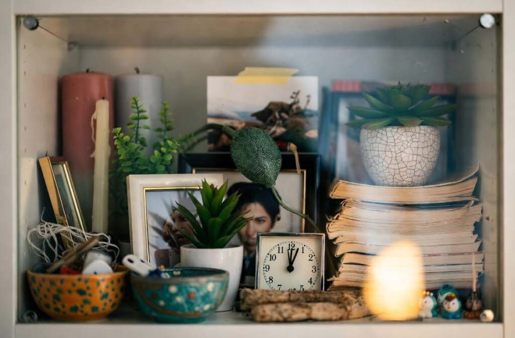 Overcrowded shelf covered in candles, fake plants, photo frames, a clock, and knick-knacks with no breathing space