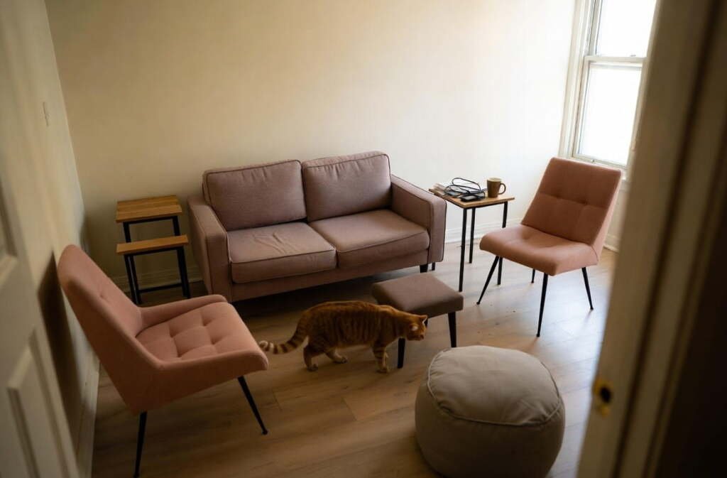Cramped living room with too many small furniture pieces — a top mistake when decorating small spaces on a budget