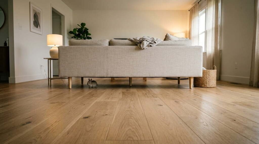 linen sofa with exposed wooden legs showing open hardwood floor to make a small room feel bigger