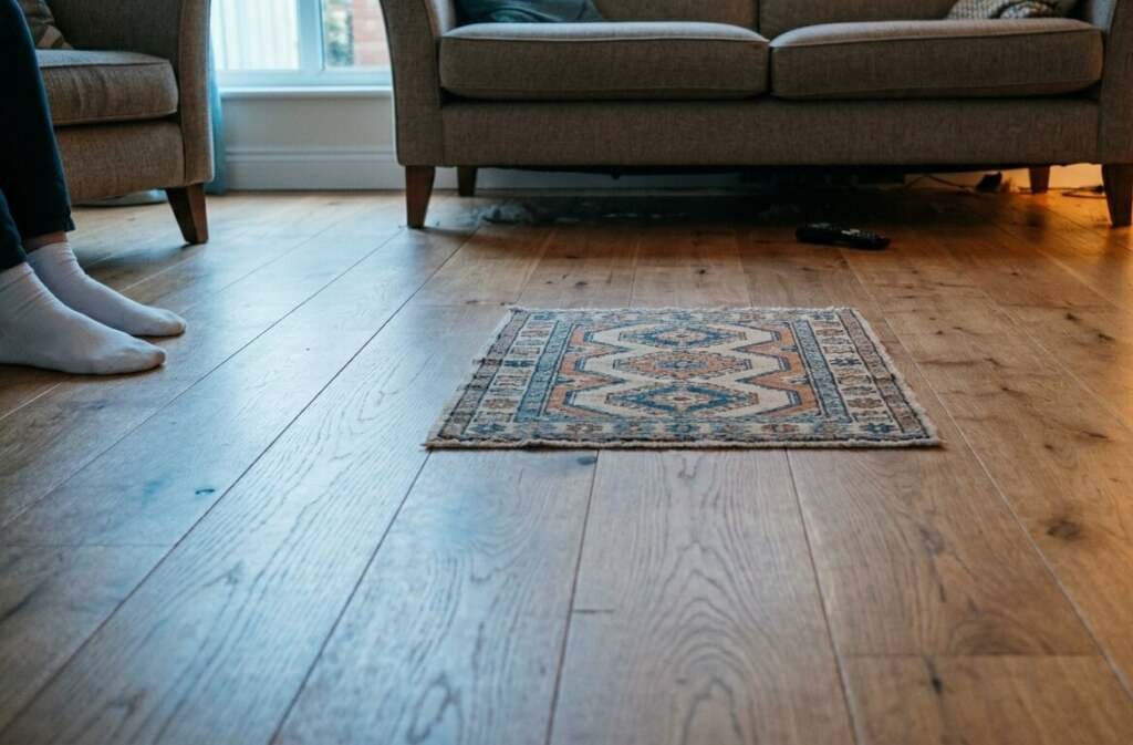 Small decorative rug sitting isolated on a wide hardwood floor with no furniture legs touching it