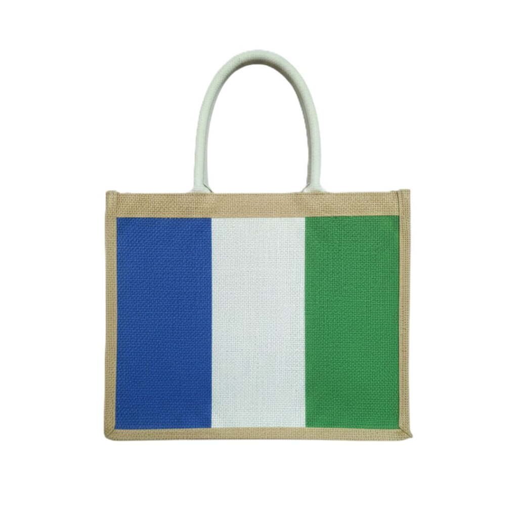 Durable woven jute bag featuring blue, white, and green vertical panels for artisanal home goods collections.
