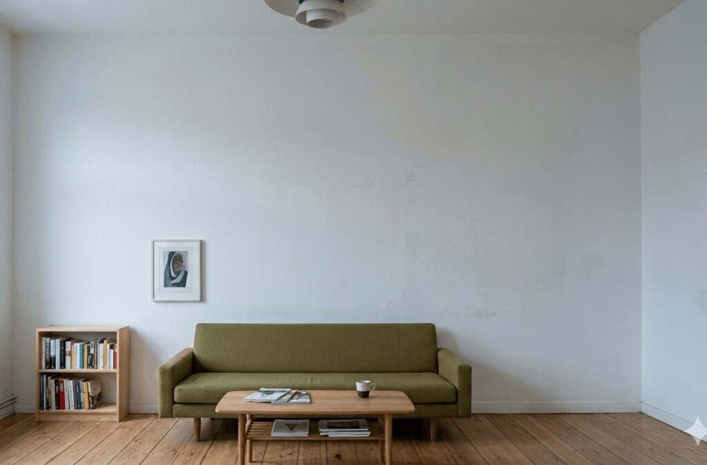 Small apartment living room with all low furniture and a vast empty wall above, showing wasted vertical space