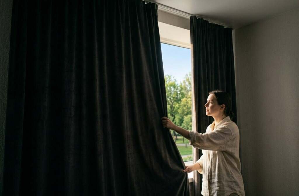 Woman parting heavy dark curtains that block natural light — a common mistake when decorating small spaces