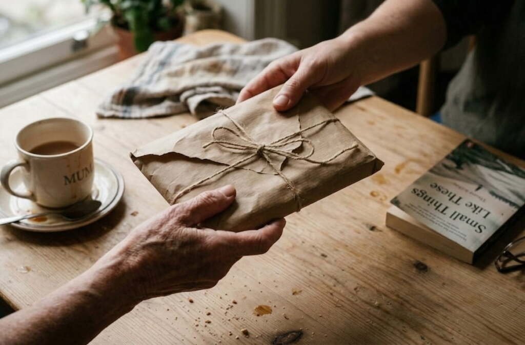 older and younger hands exchanging a craft paper eco-friendly gift tied with twine on a rustic wooden table