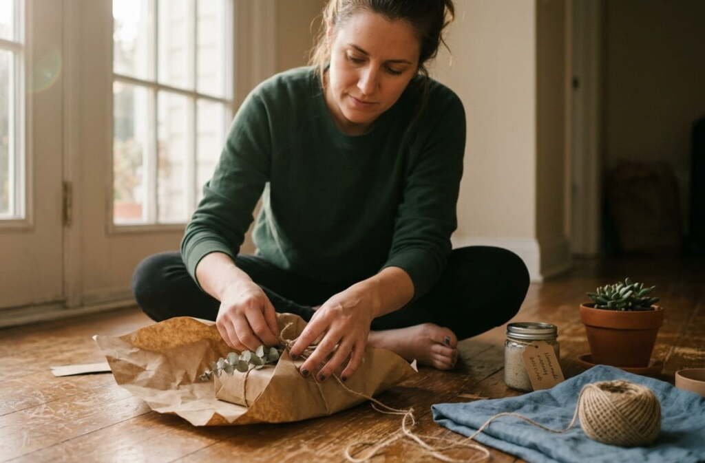 woman sitting cross-legged on wooden floor wrapping an eco-friendly gift with brown craft paper and dried eucalyptus