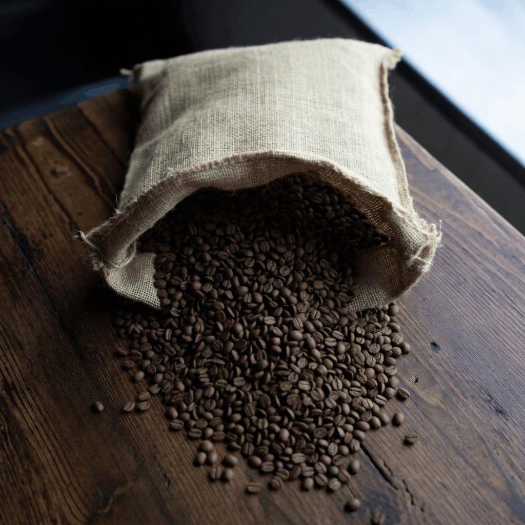 coffee beans spilling onto a dark wooden table from a small woven burlap sack, highlighting natural food-grade storage.