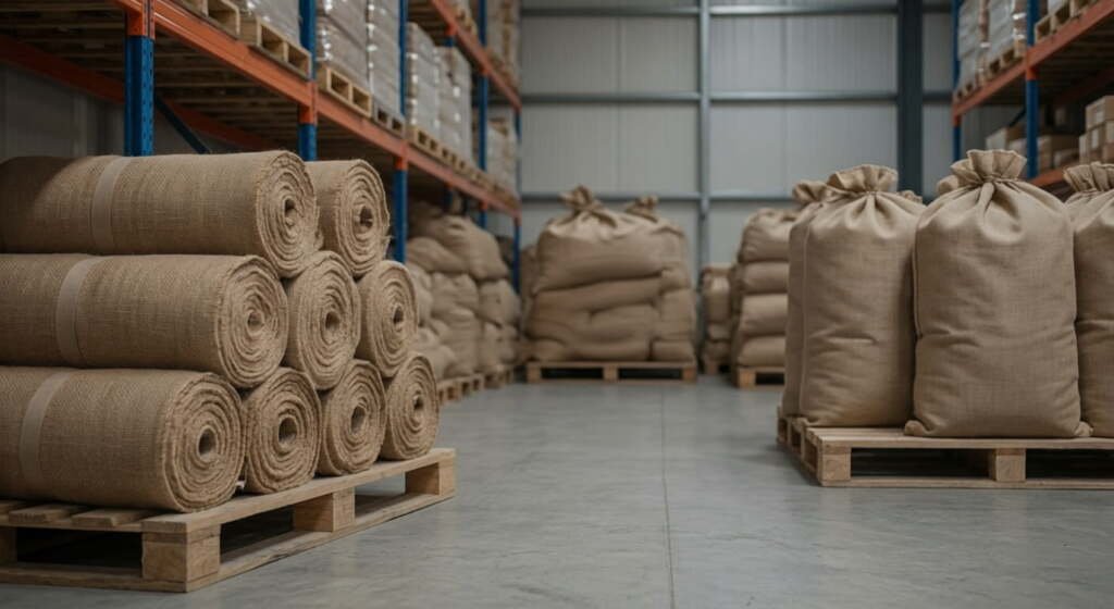 Bulk burlap sacks and rolls of natural jute fabric stored on wooden pallets in a wholesale manufacturing warehouse.
