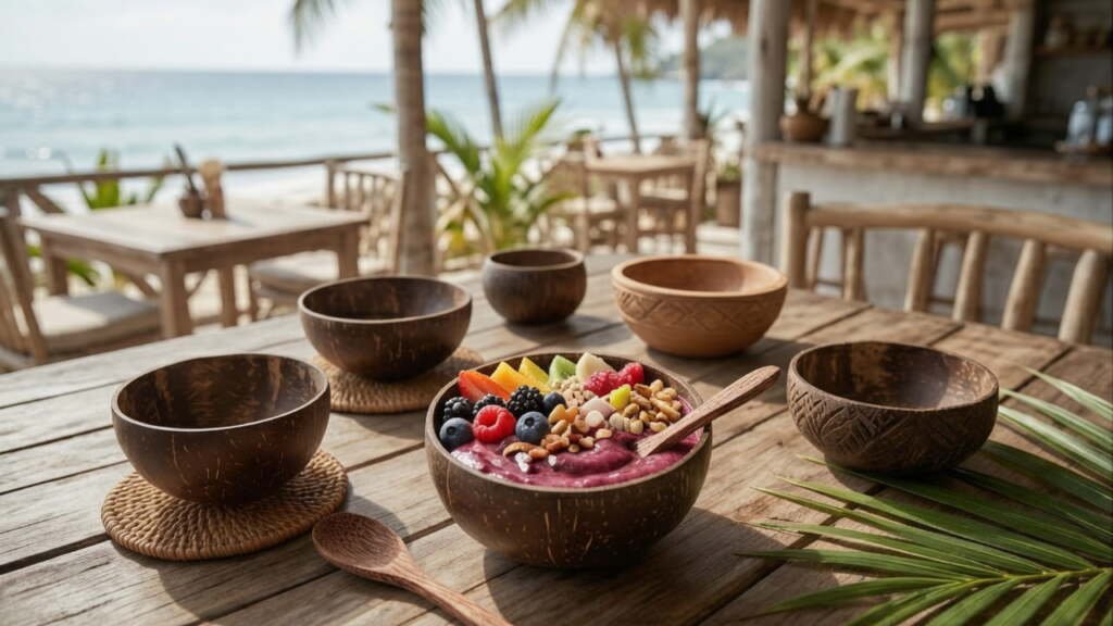 A smoothie bowl topped with fresh fruit and nuts, surrounded by empty coconut bowls on a beachside wooden table.