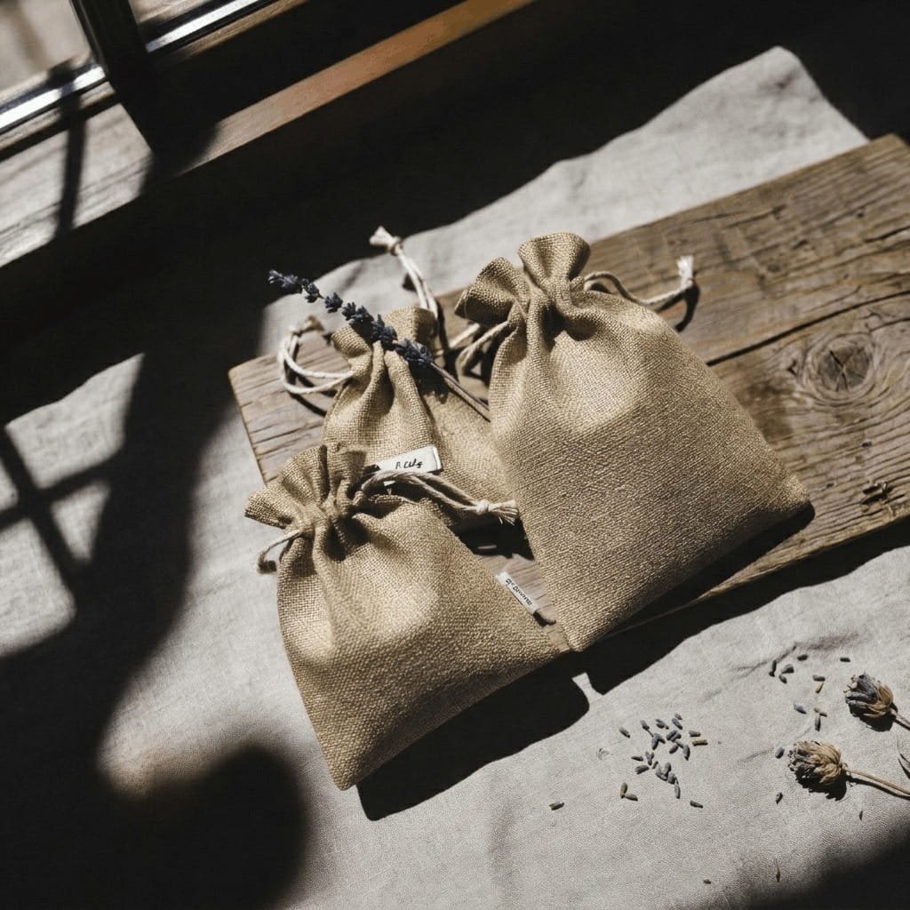 Small jute drawstring pouches containing dried lavender flowers on a rustic wooden board
