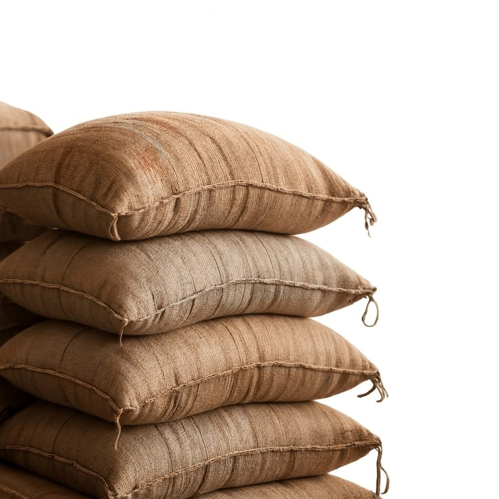 Stacked burlap sandbags on a white background for bulk wholesale supply